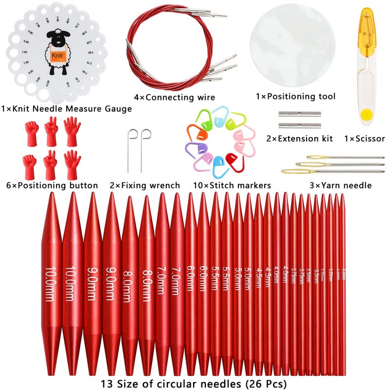 LOOEN 57pcs Aluminum Circular Knitting Needles Set with Ergonomic Handles,13 Size Interchangeable Crochet Needles with Storage Case for Small Project (Style 1) - Image 2